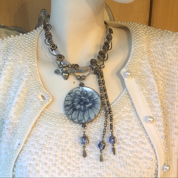 Sterling silver porcelain hanging necklace choker - Picture 3 of 12